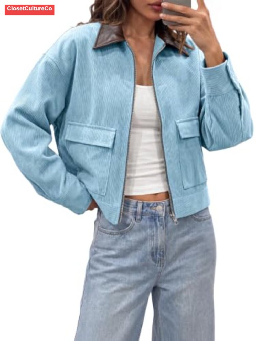 Cropped Corduroy Jacket Oversized Zip Up Barn Bomber Coat Women's